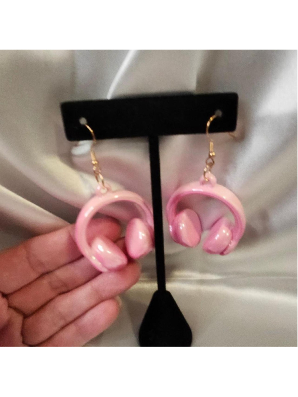 Pink headphone earrings with gold hooks #music #statement #kidcore #novelty